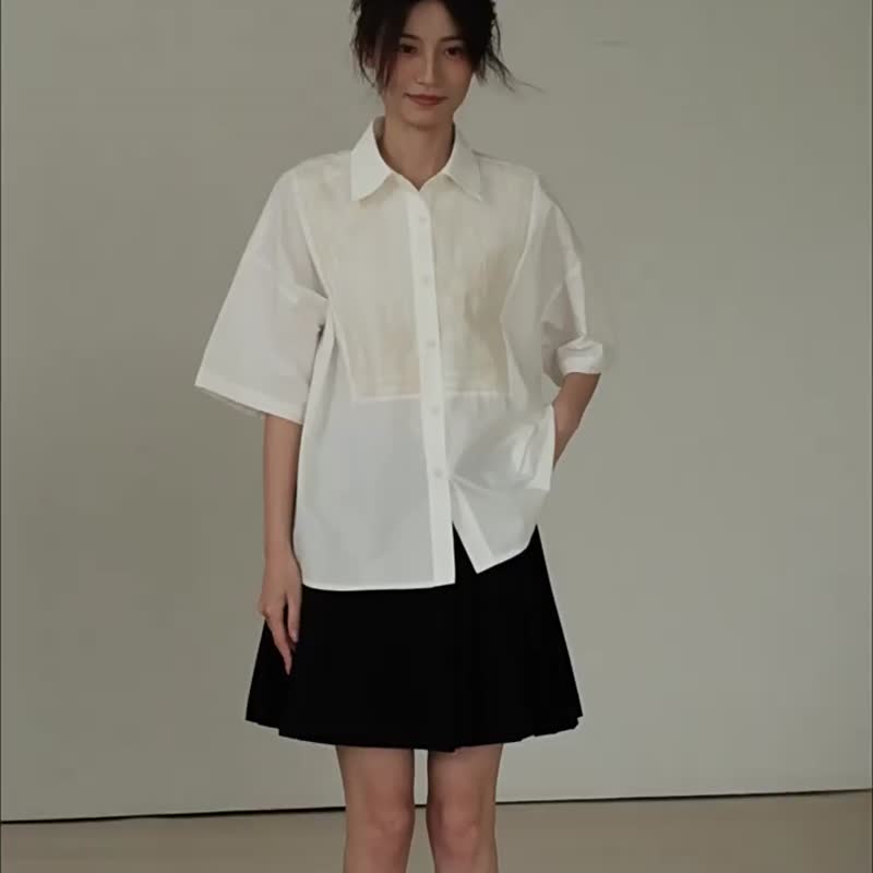 雲峰白 燕歸巢 新中式窗宕編織刺繡襯衫 夏日復古寬松透氣襯衣 - 女襯衫 - 棉．麻 白色