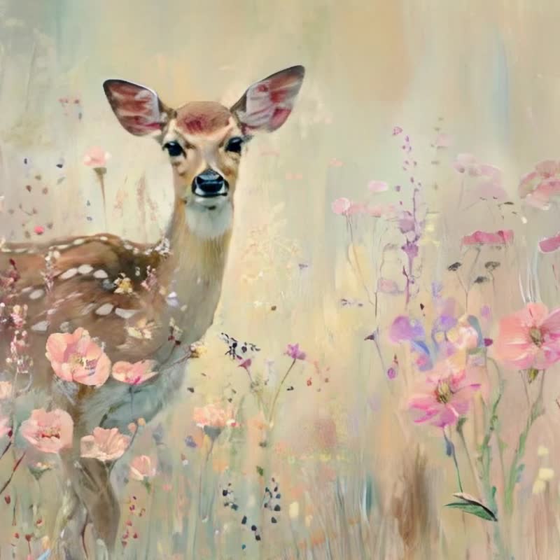 Deer Stepping Among Flowers Deer Series Art Giclee Prints Natural Scenery Living Room Bedroom Decoration Frameless Paintings and Hanging Paintings - Posters - Cotton & Hemp 