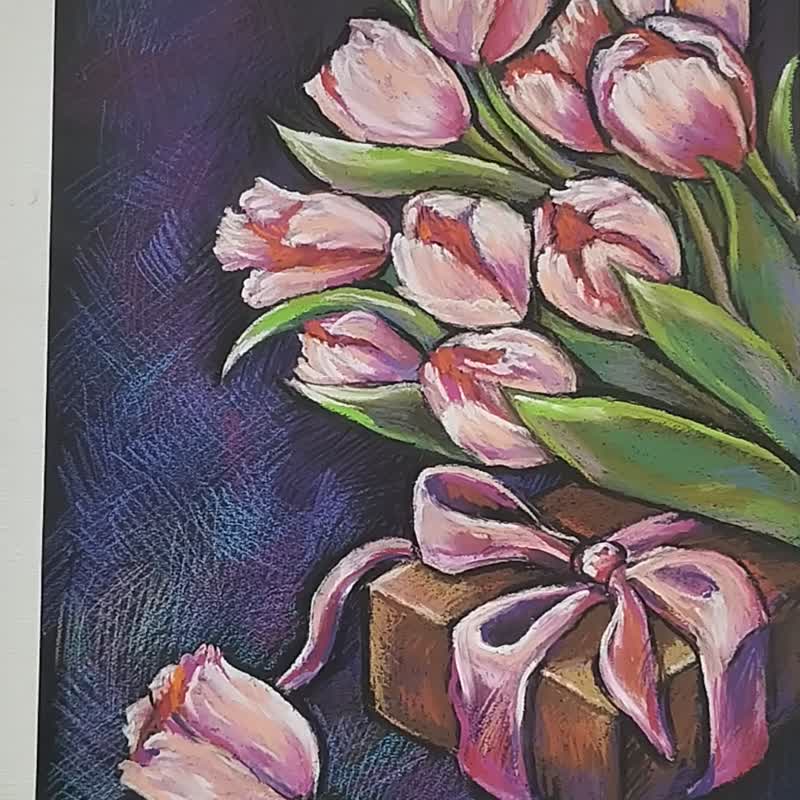 オイルパステル 女性 ピンクのチューリップの花を描くアート絵画オイルパステルブーケ
