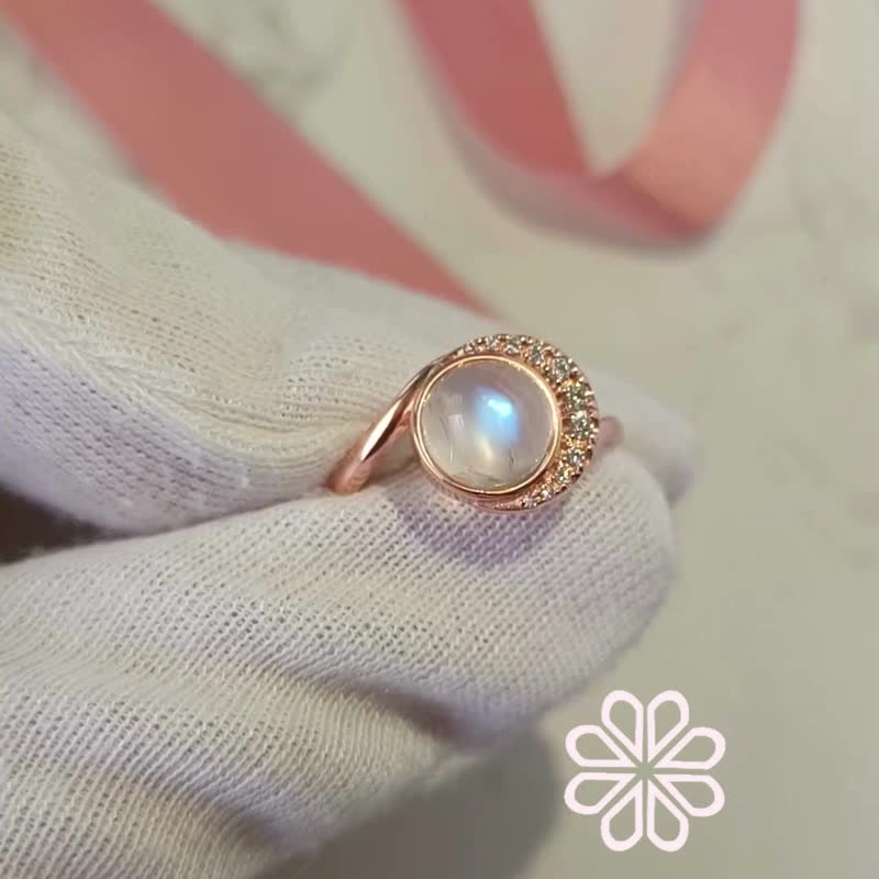 Natural Rainbowmoonstone Ring Sterling Silver925 with rose gold plated. - 戒指 - 純銀 白色