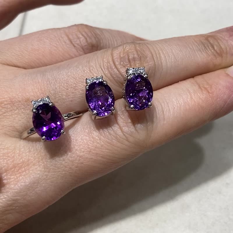 天然 紫水晶 飾品套組 印度製 925純銀 手工製 - 耳環/耳夾/耳骨夾 - 水晶 紫色