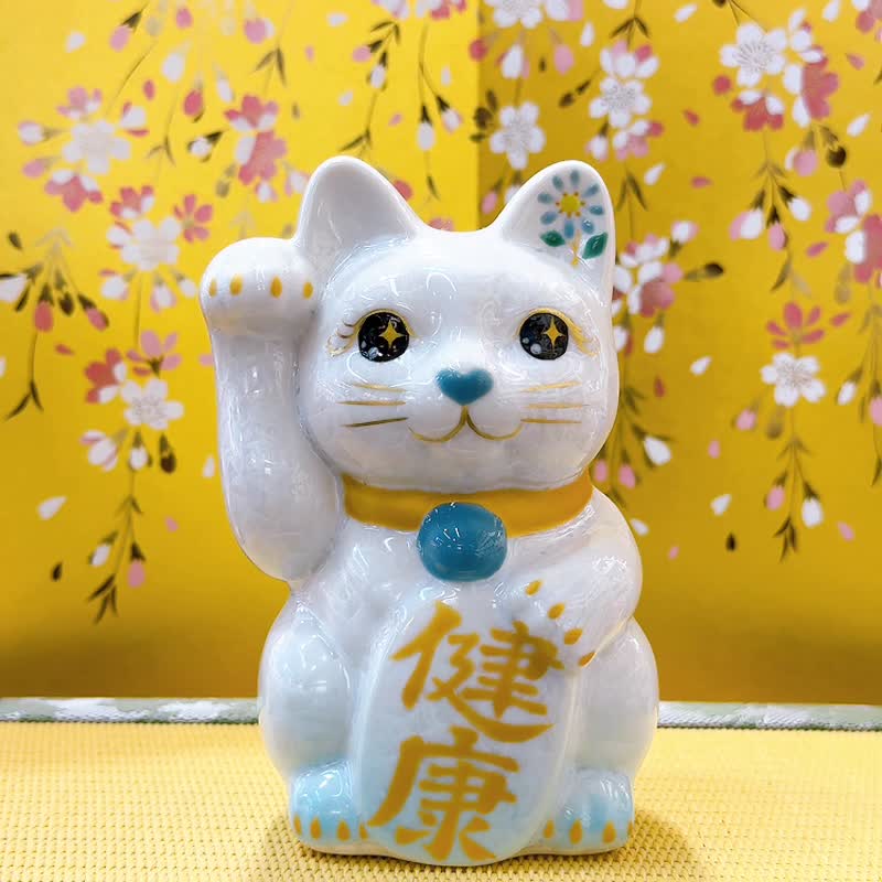 【水喵祈康】日本清水燒招財貓 | 花結晶 水白 - 健康 右 - 擺飾/家飾品 - 瓷 白色