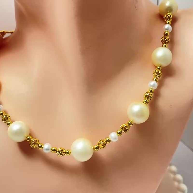 金色光芒 天然海水珍珠 菲律賓金珠 香檳金色 純銀 項鏈/毛衣鏈 - 項鍊 - 珍珠 金色