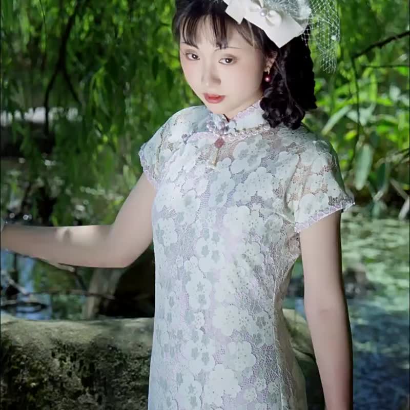 薄荷曼波夏季新品織金蕾絲半活裡花邊平裁收省復古民國旗袍 - 旗袍/改良式旗袍 - 其他材質 多色