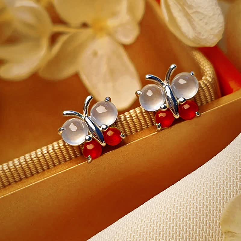 幸福•事業•幸運|無燒冰玻紅白翡|緬甸A貨翡翠純銀蝴蝶耳 - 耳環/耳夾/耳骨夾 - 玉石 