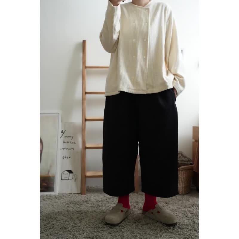 皺皺的墨水黑 寬褲 - 女長褲 - 棉．麻 黑色