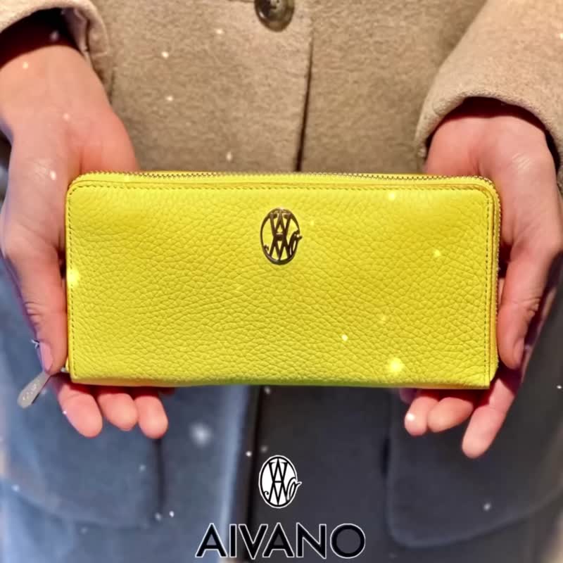 Elegant long wallet Yellow French fine cowhide and goatskin leather - กระเป๋าสตางค์ - หนังแท้ สีเหลือง
