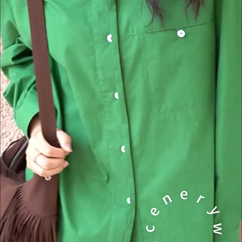 Natural green literature and art retro green lapel shirt autumn new commuter all-match top shirt - เสื้อเชิ้ตผู้หญิง - ผ้าฝ้าย/ผ้าลินิน สีเขียว