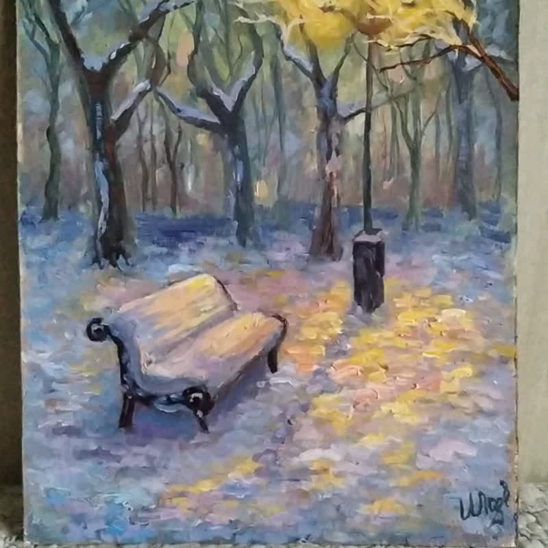 Bench Painting Original Art Snow Trees City Park Artwork  Winter Night wall art - Posters - Other Materials Purple