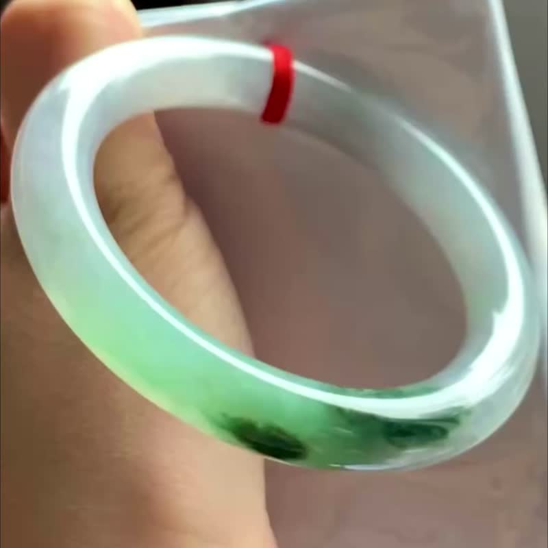 冰種 天然翡翠 緬甸 A玉 玉鐲 • 糯冰種花青翡翠圓鐲 - 手鍊/手環 - 玉石 白色