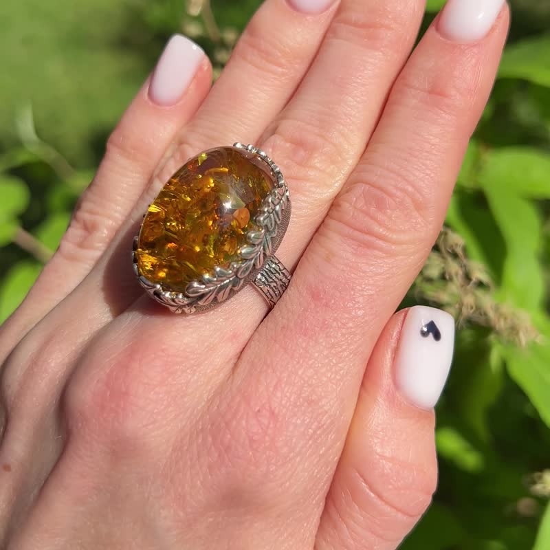 Honey Radiance: Handcrafted Amber Sparkle Ring, Baltic Amber Ring, Amber Ring - General Rings - Semi-Precious Stones Gold