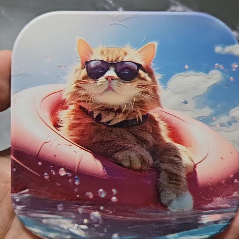 Swiming cat- Ceramic Coaster - ที่รองแก้ว - ดินเผา ขาว