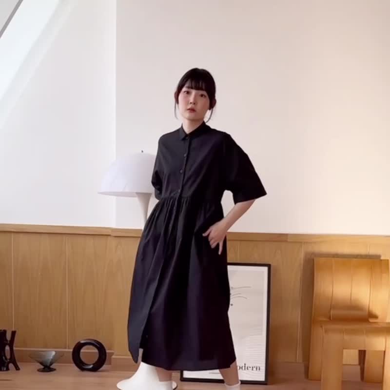 Comfy Midi Dress Shirt - Black - 洋裝/連身裙 - 棉．麻 黑色