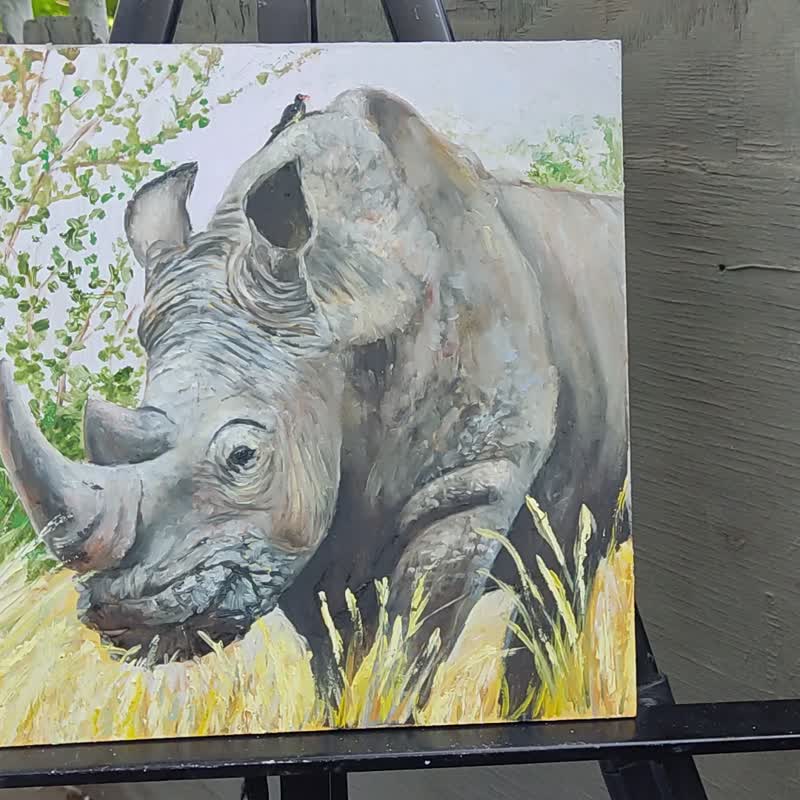 Rhinoceros Wild Woodland animals Rhino Realistic Original Hand Oil Painting - Wall Décor - Other Materials Orange