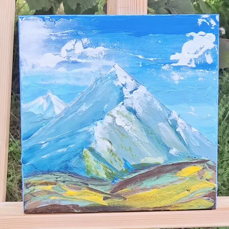 Abstract original mountains small painting, blue, green, white colors - ตกแต่งผนัง - อะคริลิค หลากหลายสี