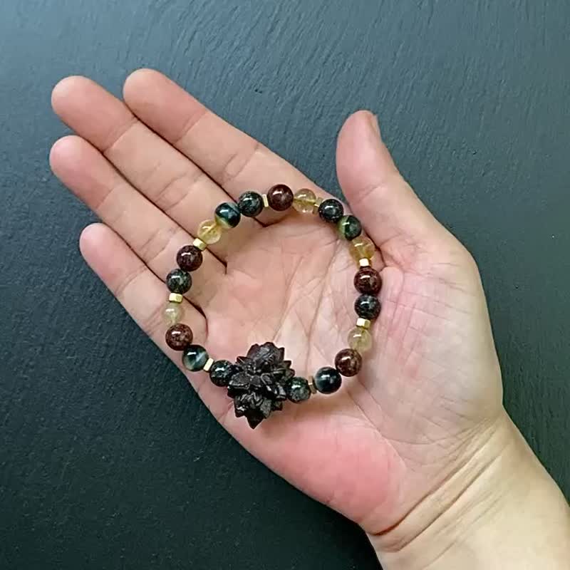 埃及預言石x滿礦黑髮晶x滿礦紅幽靈x黃藍虎眼石x金髮晶黃銅手鍊 - 手鍊/手環 - 水晶 多色
