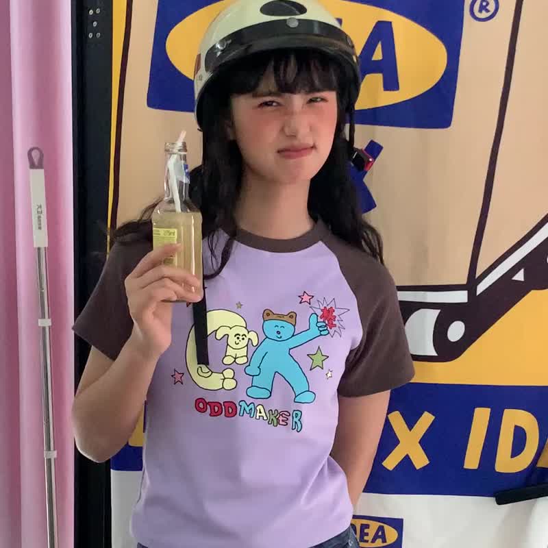 oddmaker撞色插肩袖ok圖案印花T恤女圓領休閒短袖純棉卡通T恤上衣 - 女 T 恤 - 棉．麻 