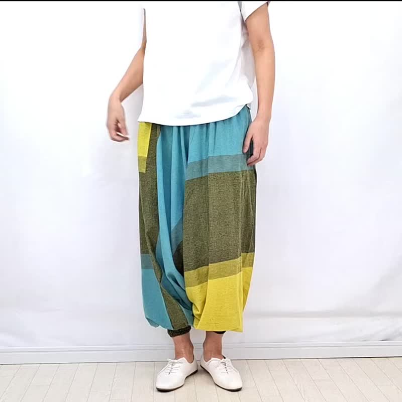 Nepalese hand-woven cotton sarouel pants, 2-way, striped, gathered hem, shirred waist, for men and women - Women's Pants - Cotton & Hemp Multicolor