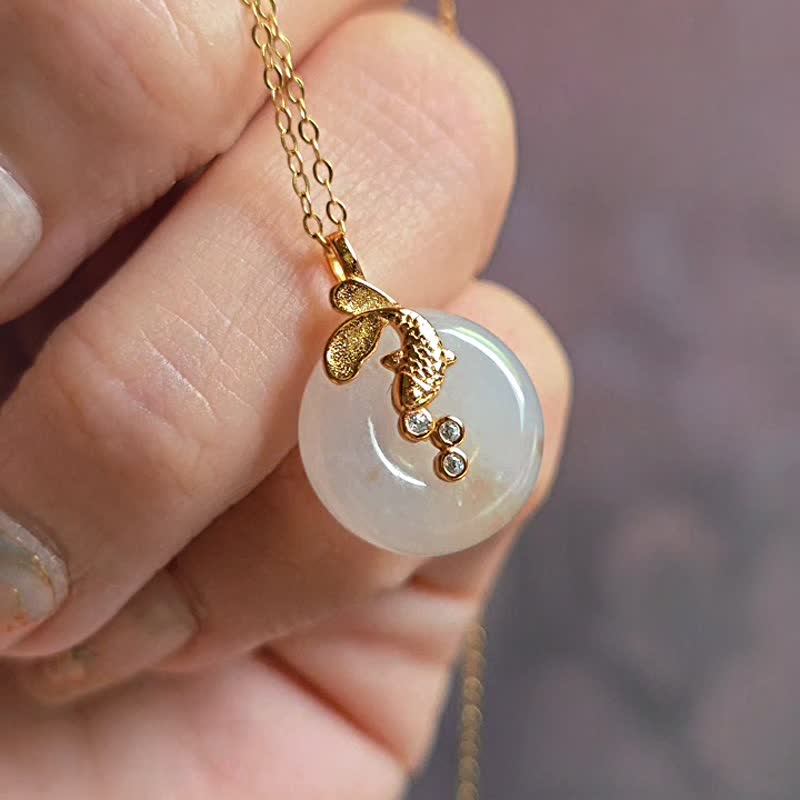 招財•圓滿•平安|灑金桂花糕錦鯉魚平安扣|緬甸A貨翡翠純銀吊墜 - 項鍊 - 玉石 