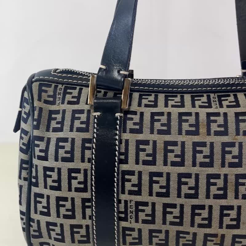 本物 FENDI フェンディ ミニボストン ハンドバッグ ズッキーノ キャンバス レザー ネイビー ベージュ 中古 - 手提包/手提袋 - 棉．麻 