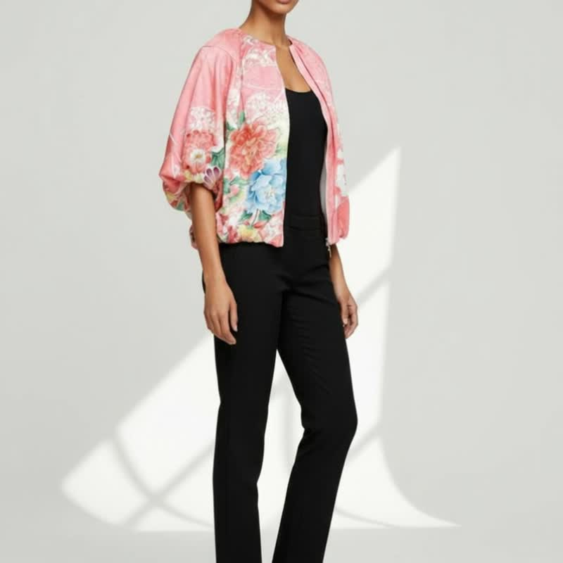 採用古董和服製成的獨一無二氣球外套。免費送貨。和服改造。 - 女裝外套/大衣 - 絲．絹 粉紅色