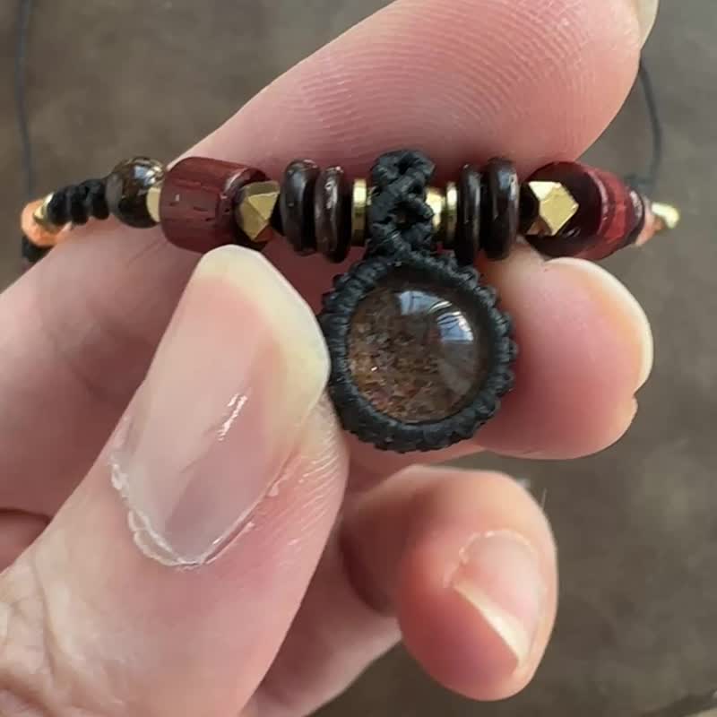 N1197 民族風 蠟線編織 幽靈水晶 銅珠 頸鏈 (可調長度) - 項鍊 - 寶石 咖啡色