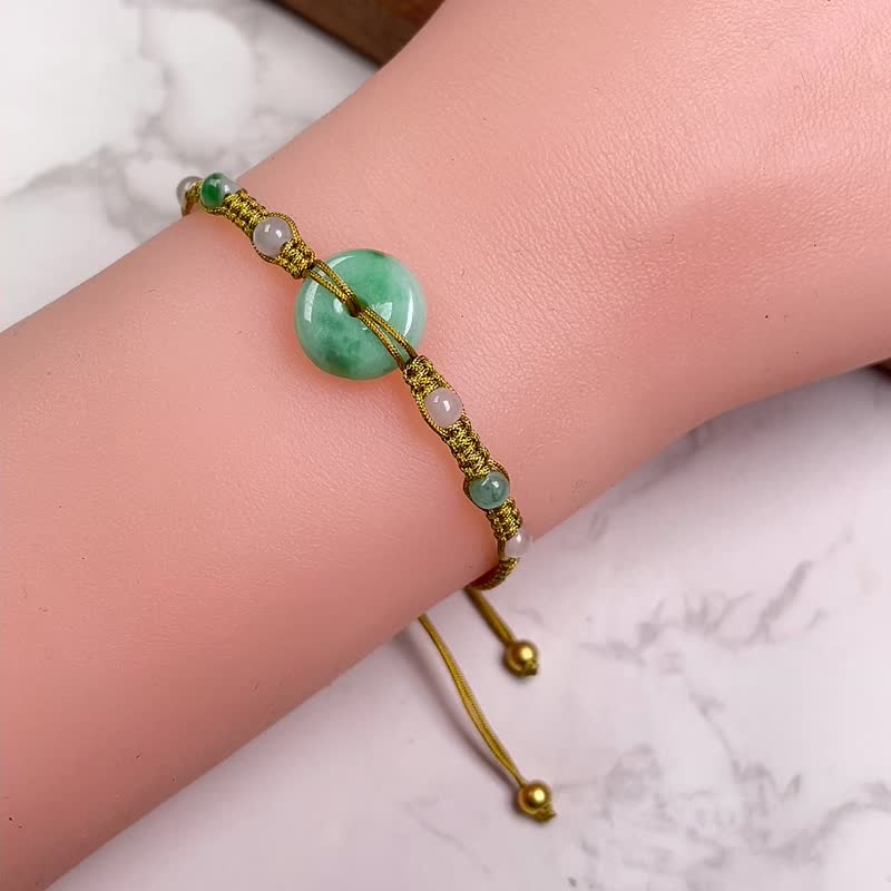 Green flower jadeite peace buckle woven bracelet | Natural Burmese jadeite A goods - สร้อยข้อมือ - หยก สีเขียว