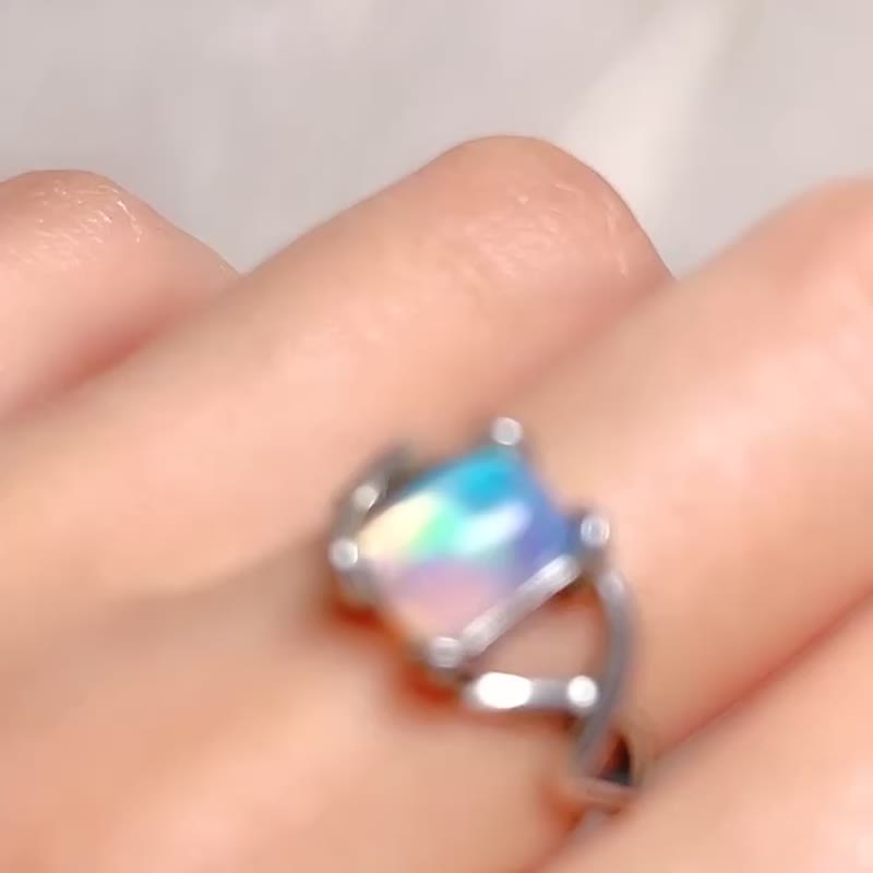 Square White Opal Silk Satin Ribbon Ring/Opal/925 Sterling Silver/Opal - แหวนทั่วไป - เครื่องเพชรพลอย สีม่วง