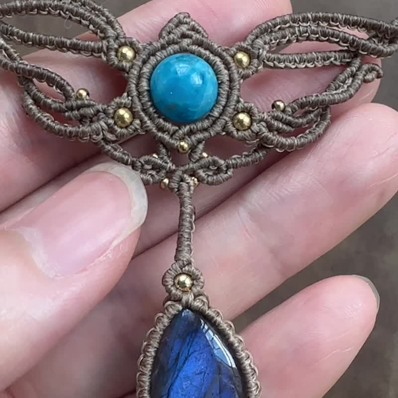 N811 蠟線編織 拉長石 磷灰石珠 銅珠 頸鏈 (可調長度) - 項鍊 - 寶石 咖啡色