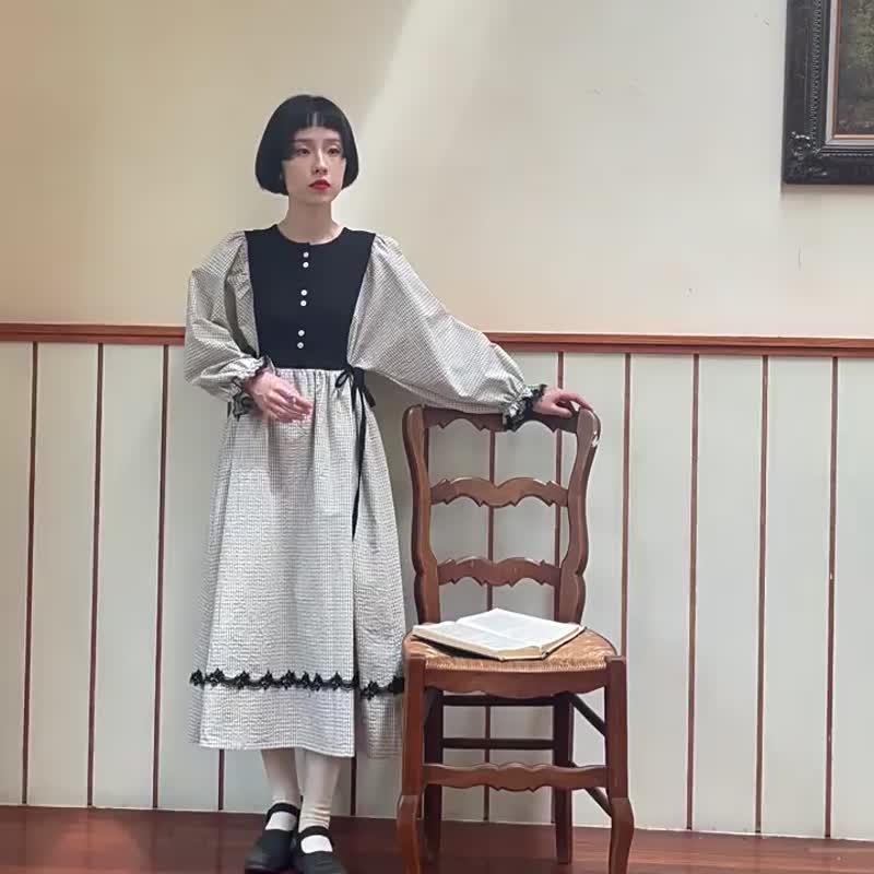 黑白格紋 拼接洋裝 寬鬆繫帶收腰秋裝早秋款少女連衣裙 - 洋裝/連身裙 - 棉．麻 黑色