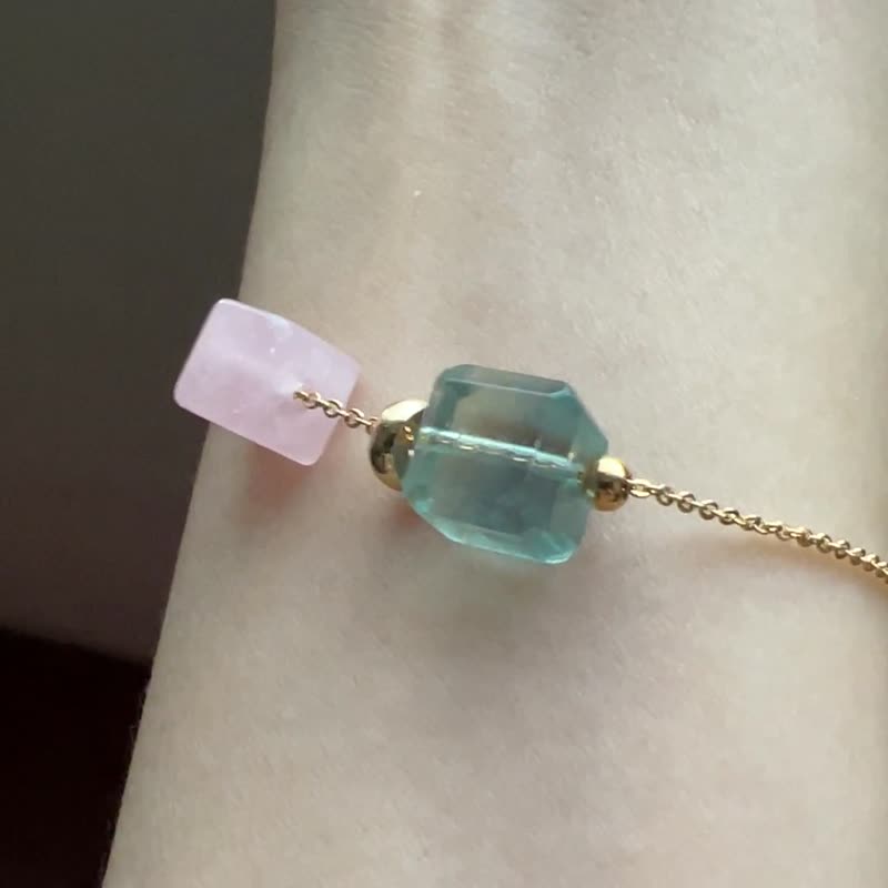 Valentine's Day Gift Teal Stone/Rose Quartz Double Cube Heart Chakra Semi-precious Gemstone 18K Gold-Filled Crystal Bracelet - Bracelets - Crystal Multicolor