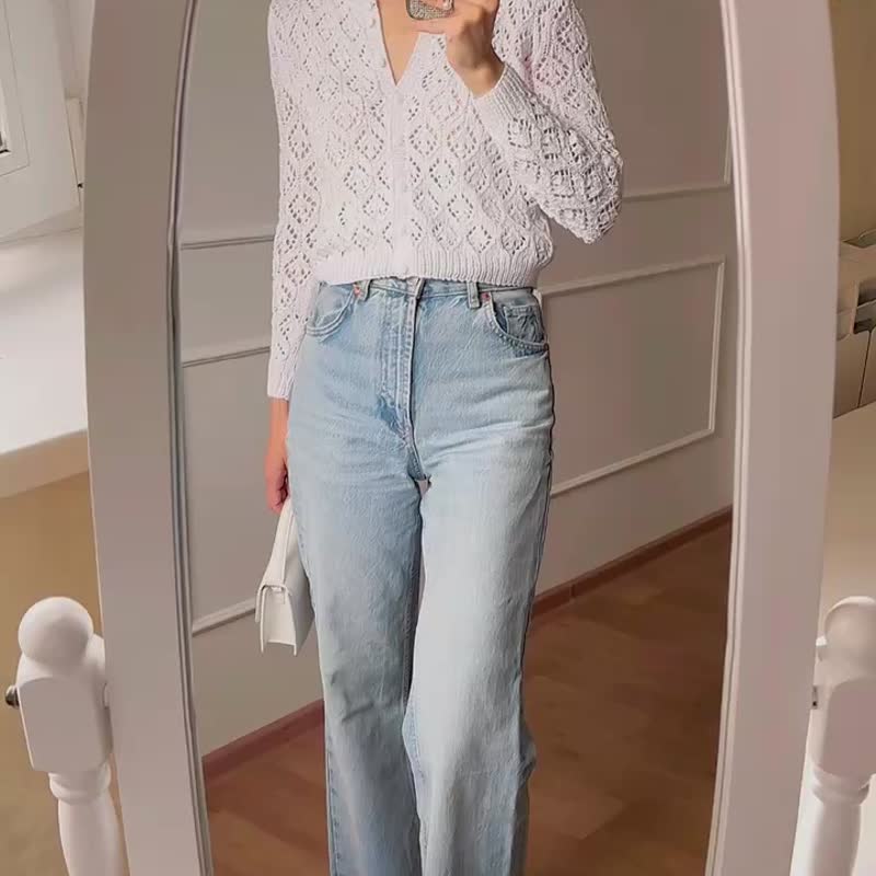 French cardigan Crop sweater jacket White long sleeve top for women Knit blouse - 女上衣/長袖上衣 - 棉．麻 