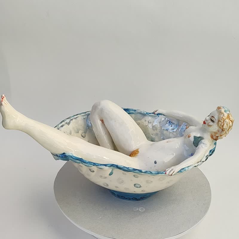 Porcelain woman figurine Vase for sweets Nude woman Blue Ceramic bowl Sexy lady - เซรามิก - เครื่องลายคราม หลากหลายสี