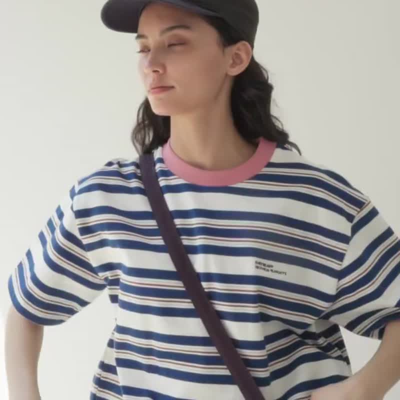 Neutral loose fit pink round neck thick horizontal striped short sleeve T-shirt couple outfit - Women's T-Shirts - Cotton & Hemp Multicolor