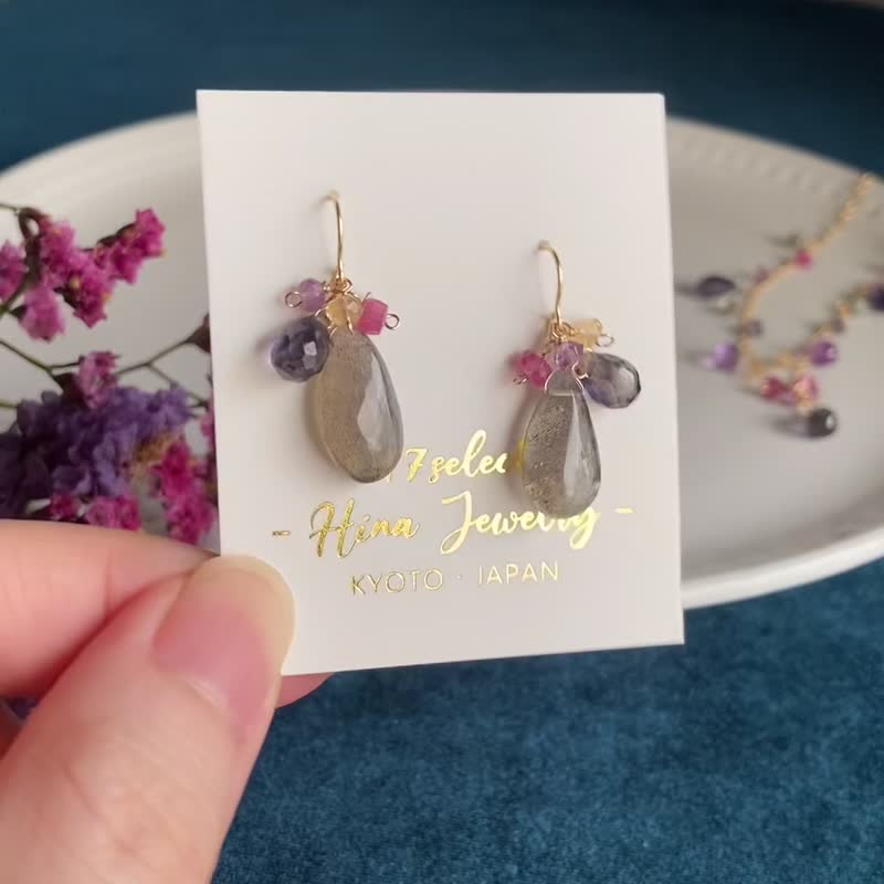 14KGF Labradorite x Iolite short earrings / one-of-a-kind - Earrings & Clip-ons - Gemstone Purple