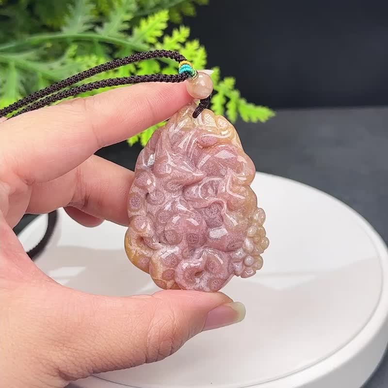 高品質珊瑚玉吊墜冰潤高瓷玉化檸檬片粉紫色手雕九尾狐祥瑞好運 - 項鍊 - 玉石 