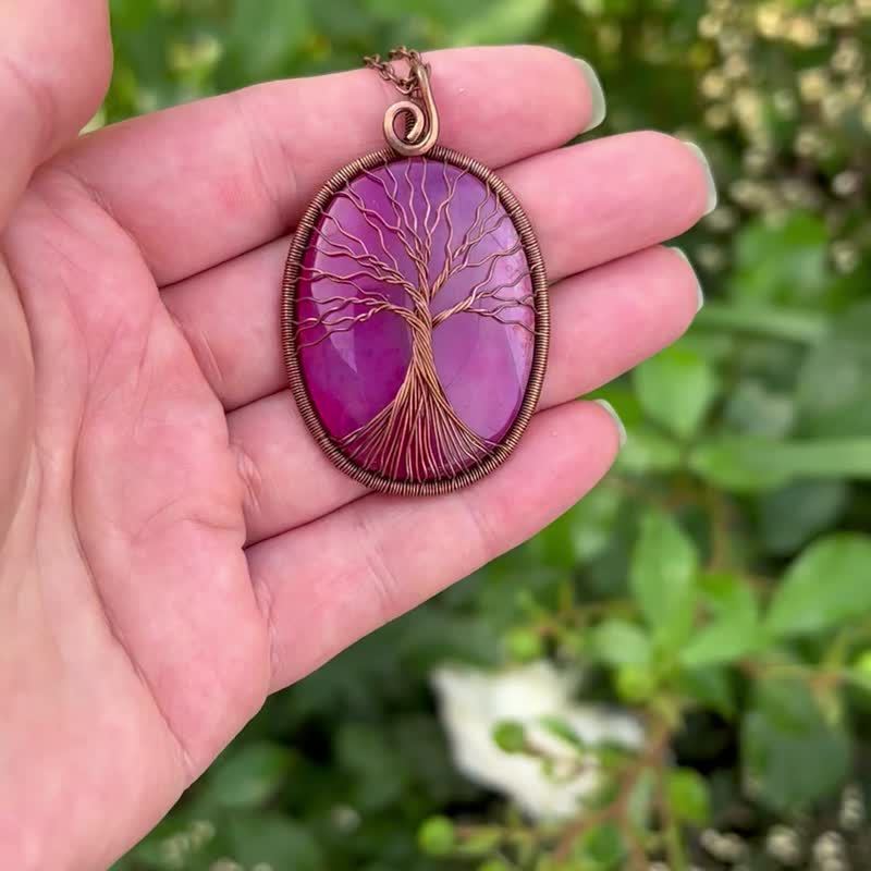 Agate Necklace Tree-Of-Life Pendant Necklace Reiki Healing Stone Necklace - 項鍊 - 半寶石 粉紅色
