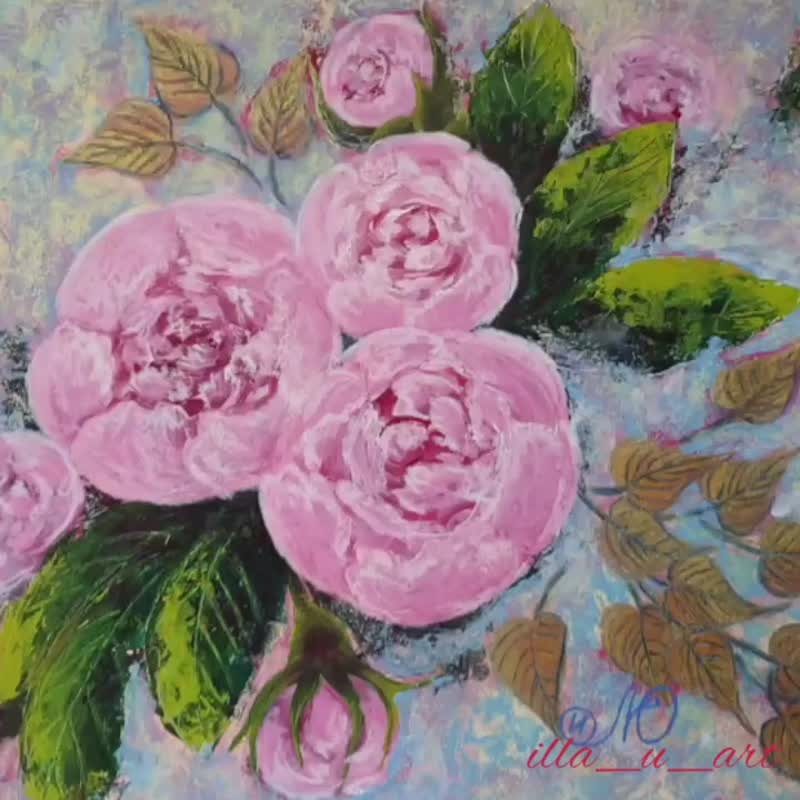 Pink Peony Painting Flower Original Art Floral Bouquet Wall Art Acrylic Painting - 海報/掛畫/掛布 - 其他材質 多色