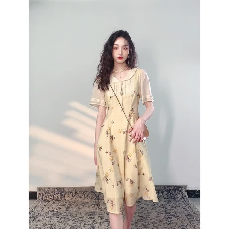 輕薄涼快 水果碎花洋裝中長款優雅法式復古短袖連衣裙 - 洋裝/連身裙 - 聚酯纖維 