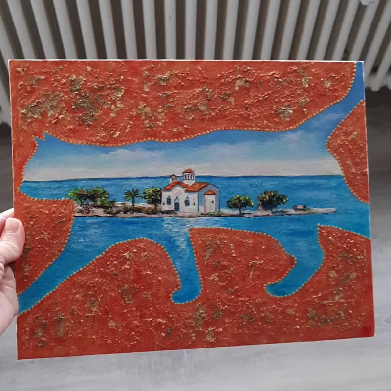 Cat shape mixed media painting, Greek island original wall art, seascape artwork - ตกแต่งผนัง - วัสดุอีโค สีส้ม