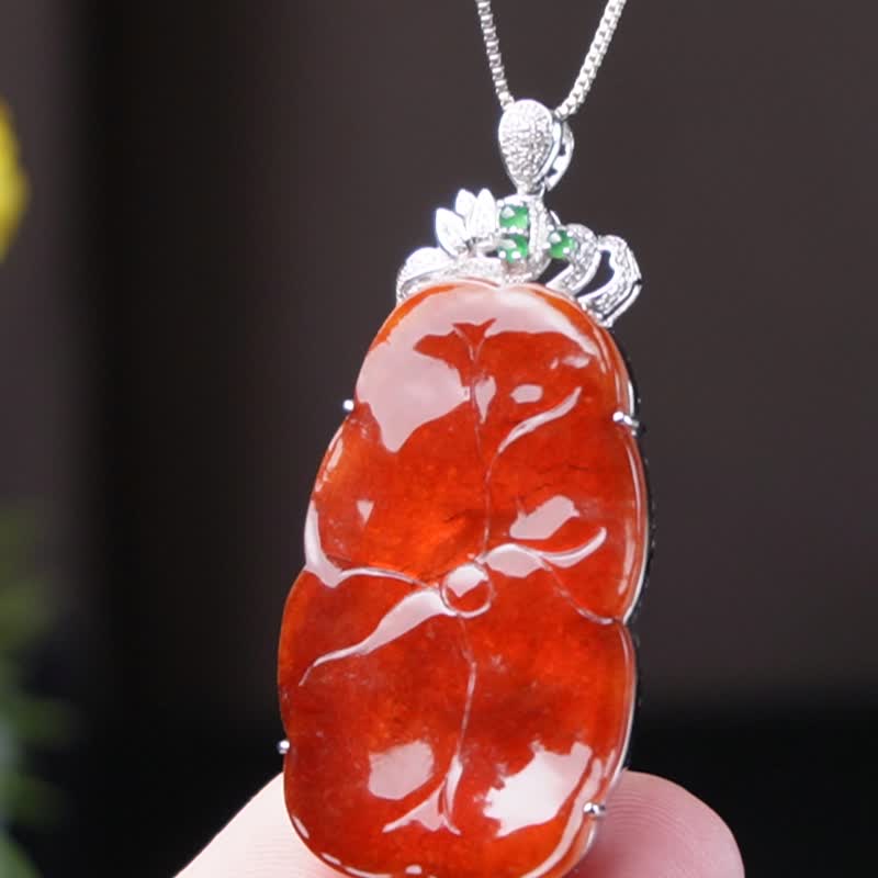 冰種紅翡翡翠荷葉項鍊 18K金鑽石 | 天然緬甸玉翡翠A貨 | 送禮 - 項鍊 - 玉石 紅色
