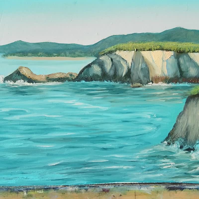 Original Oil Painting Hapuna Beach Hawaii 14x10 Coastal Cliffs Turquoise Sea - 插畫/繪畫/寫字 - 亞麻 