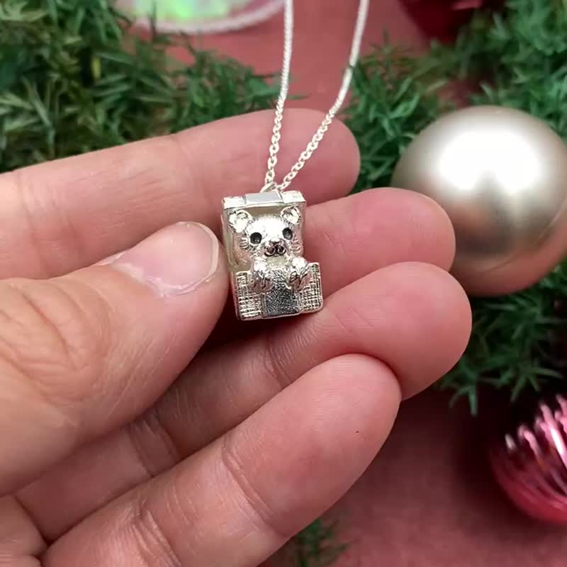 小熊聖誕禮物 | 細項鍊 925純銀 鎖骨鍊 立體動物 聖誕禮物 - 項鍊 - 純銀 銀色