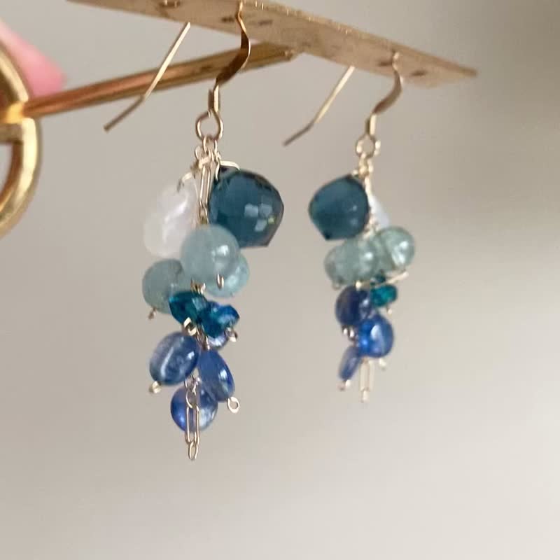 14kgf Blue gem Tassel Earrings / Moonstone Aquamarine Kyanite - Earrings & Clip-ons - Gemstone Blue