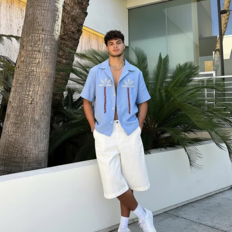 男士亞麻人造絲襯衫棕櫚樹海貝與魯德拉克沙刺繡 - 男襯衫/休閒襯衫 - 亞麻 藍色