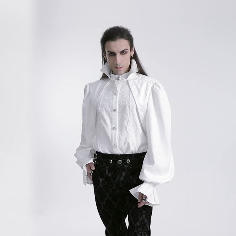 Gothic Assassin Master's Palace Gorgeous Shirt - Black/White/Adjustable Stand Collar - Men's Shirts - Other Materials White