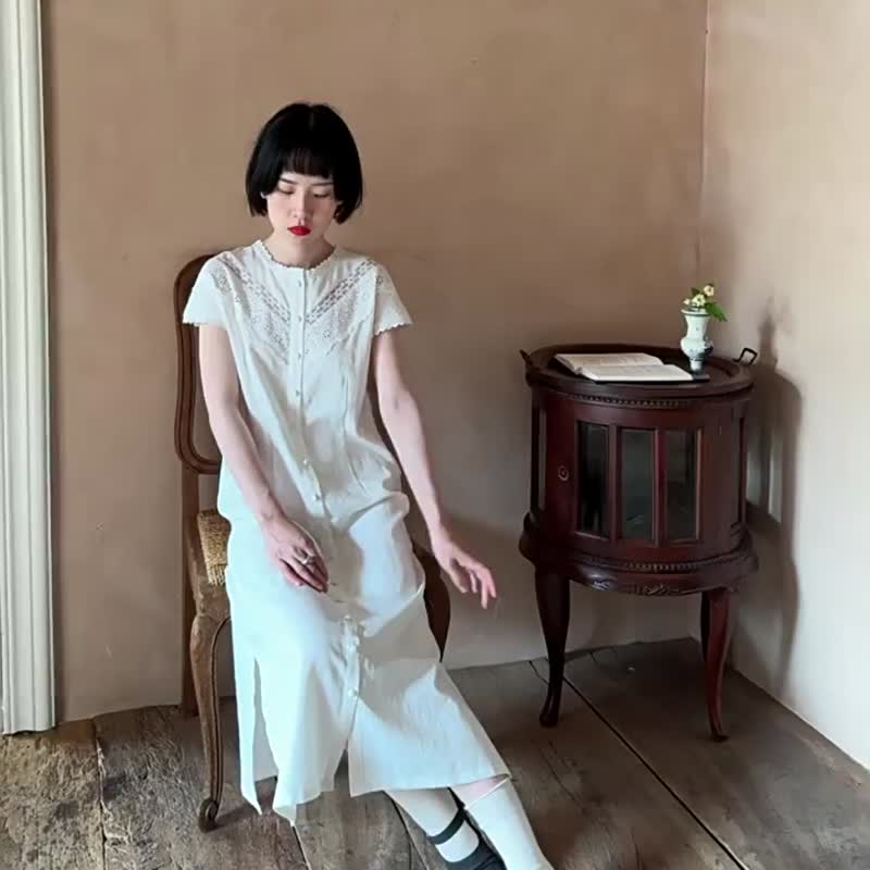 白色 新中式旗袍裙 復古蕾絲天絲棉洋裝 風情花邊排扣式襯衫裙 - 洋裝/連身裙 - 棉．麻 白色