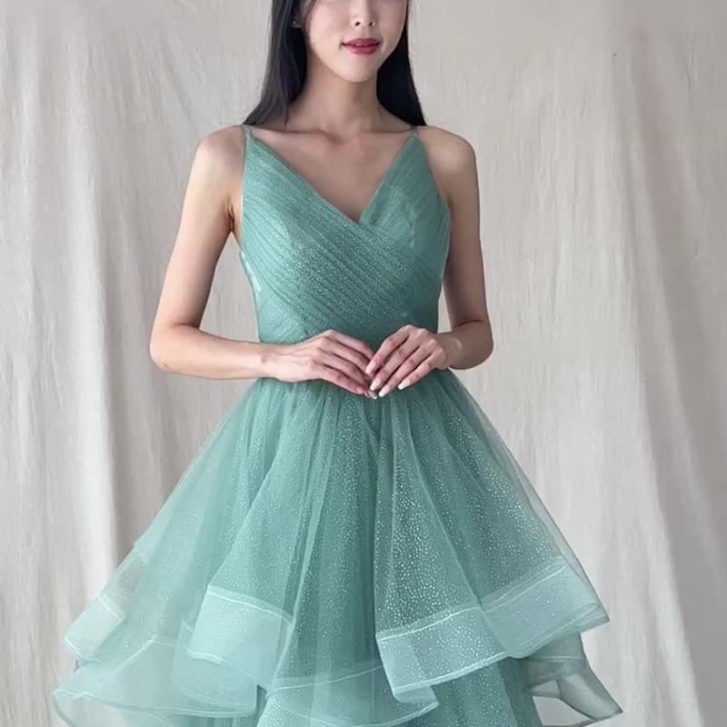 Glitter tulle layered dress in teal green - ชุดราตรี - วัสดุอื่นๆ สีเขียว