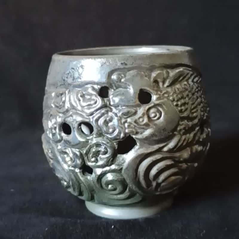 柴燒雙魚雙層鏤空防燙杯陳炫亨雕刻 - 茶壺/茶杯/茶具 - 陶 