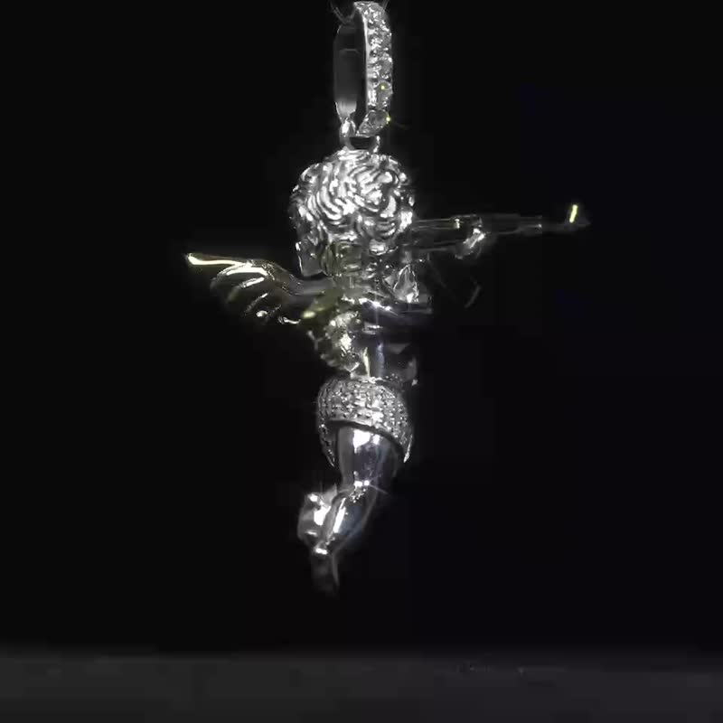 邱比特AK47天使吊墜吊墜 925純銀 生日禮物 項鍊 - 項鍊 - 其他金屬 銀色